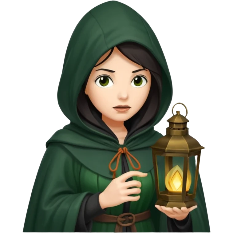 traitor tv show, dark haired woman wearing dark green cloak with hood up who looks very evil, is holding up a lantern, and looking down emoji