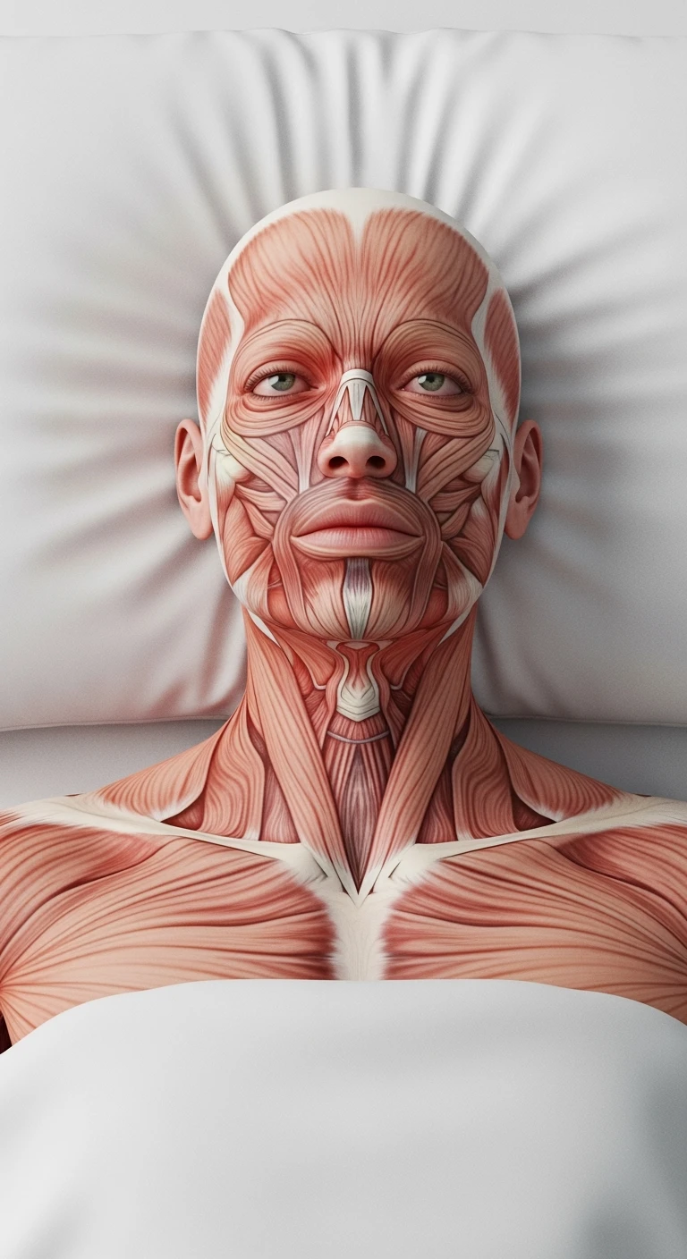 corpo umano anatomico realistico con la testa poggiata sul cuscino ma gli occhi aperti perché non riesce a dormire, visto dall'alto, sfondo bianco
IPERREALISTICO 4K emoji
