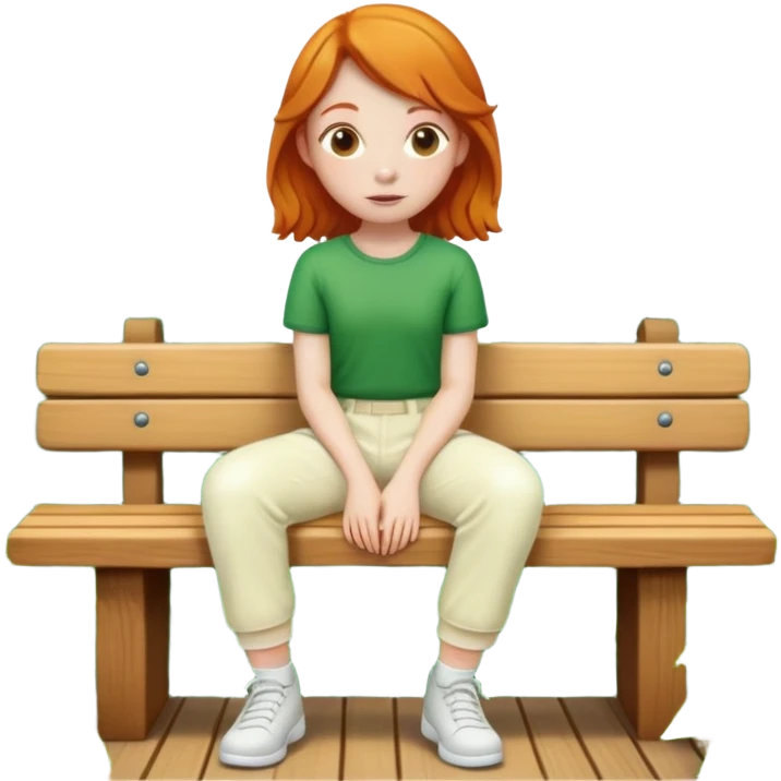 Green trees ginger girl sitting on bench wearing cream pants emoji