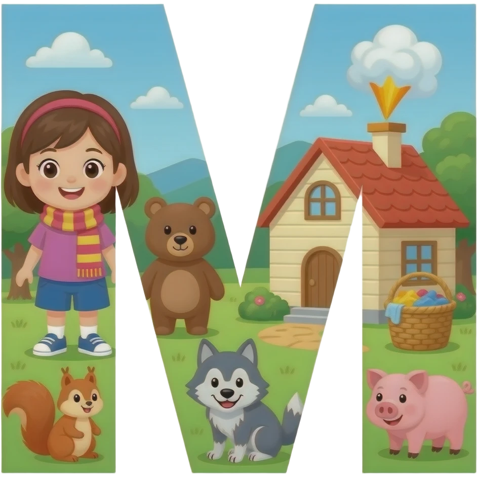 what a cartoon on the letter M 👧🏼🧣🐻💥🏠🧺🐿️🐺🐷 emoji