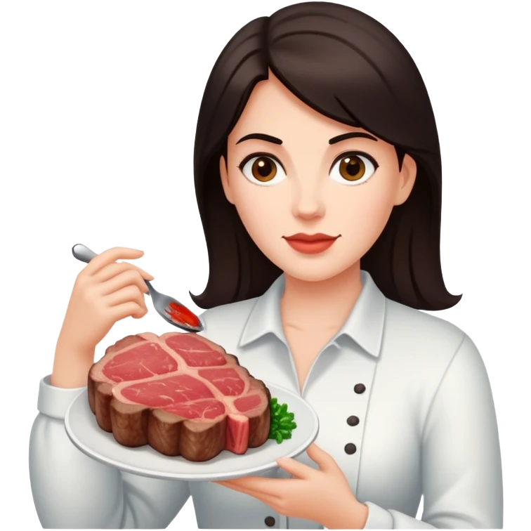 White Woman with dark hair holding a ribeye steak  emoji