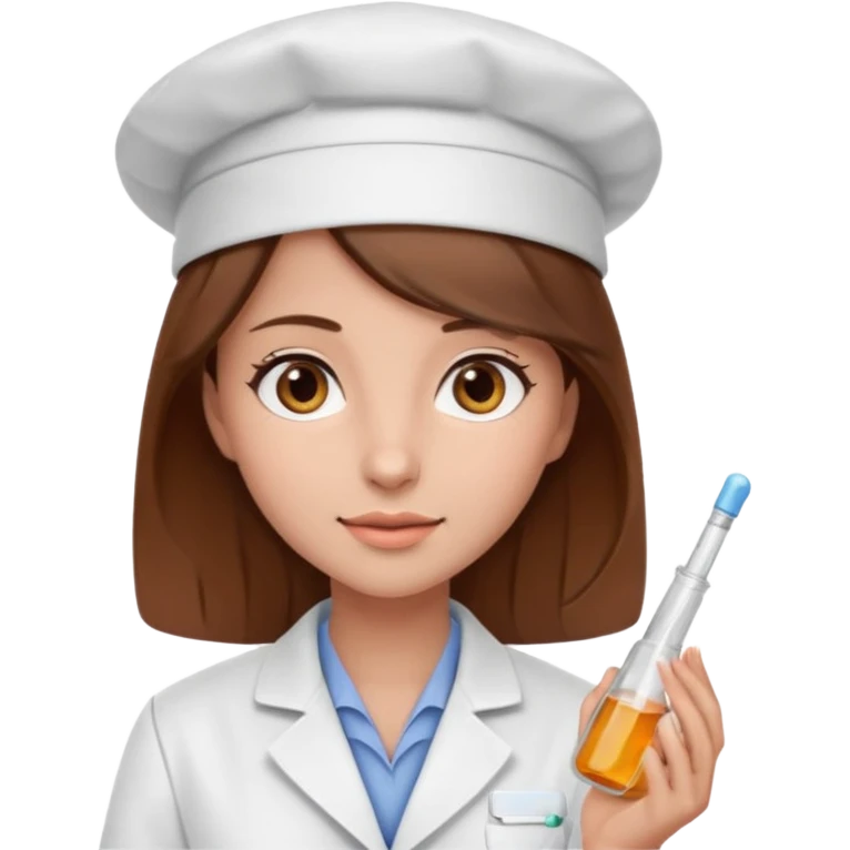 Make a pharmacy girl pretty with brown hat and eyes wearing labcoat emoji