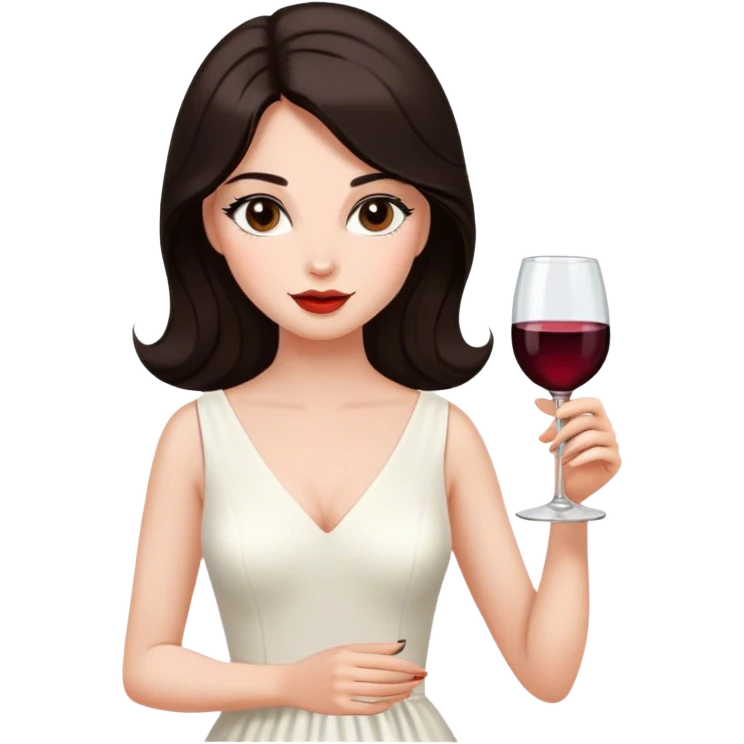 Beautiful woman in 1965’s woman fashion look, white dress, long dark brown hair, wine, emoji