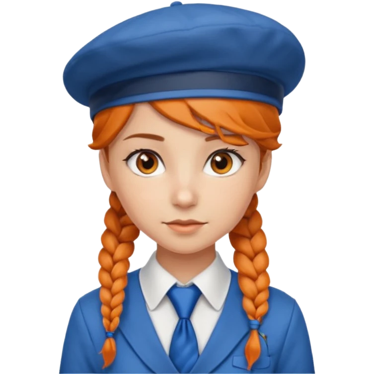 orange braided hair girl, wearing white shirt, Blue Necktie and a brown berret Hat emoji