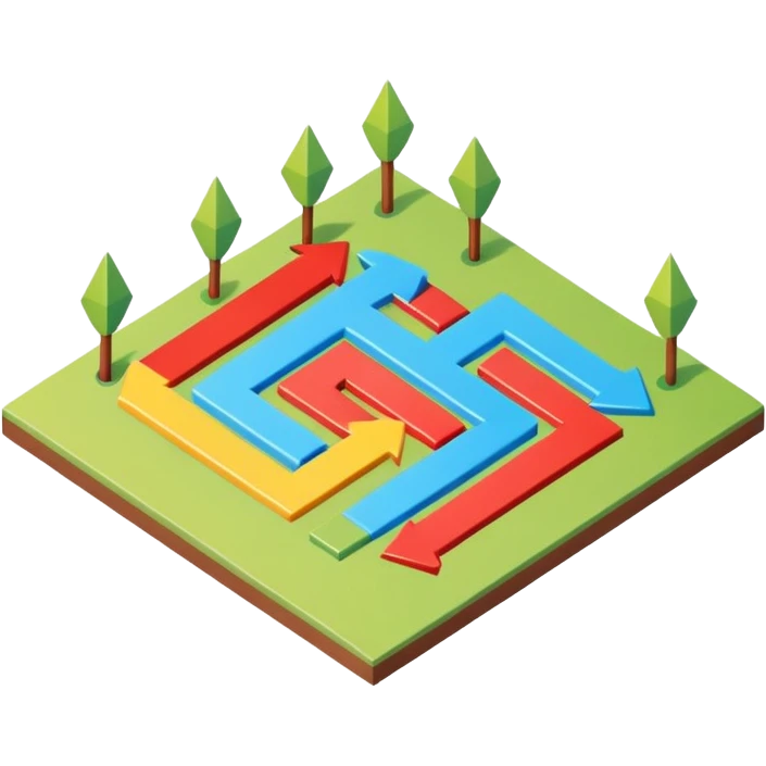 an isometric field with multi-colored tiles and directional arrows emoji
