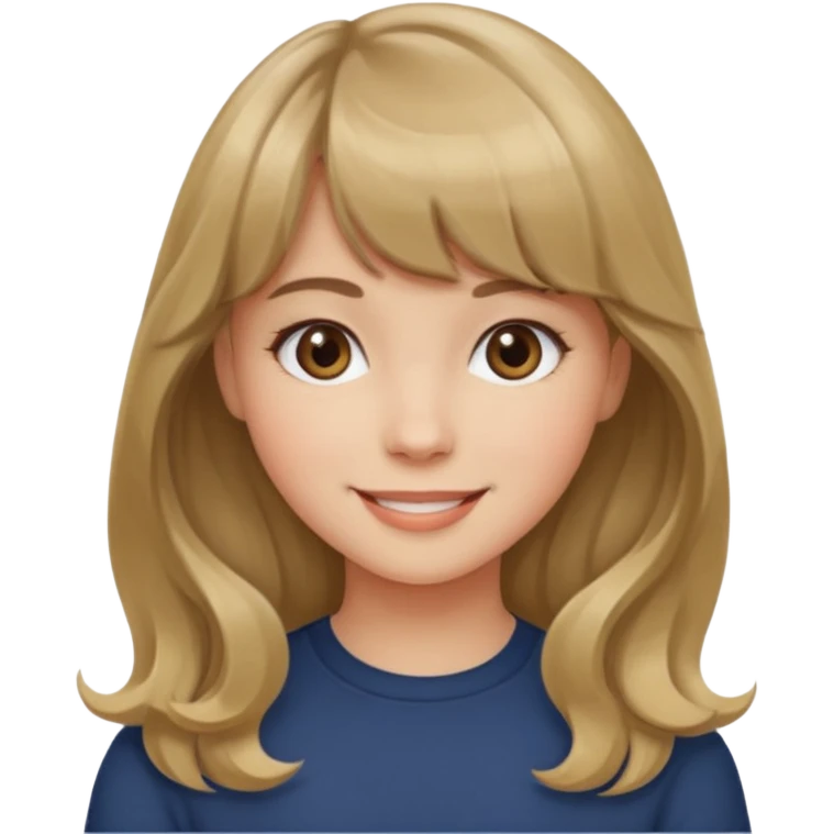 A girl with wavy, dark blonde hair, straight bangs, and straight eyes. She is smiling. emoji