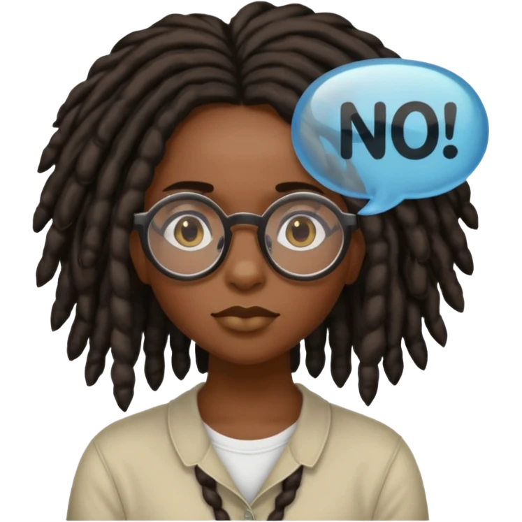 darker skin female with dark dreadlock hair wearing large round glasses with a word bubble that says no emoji