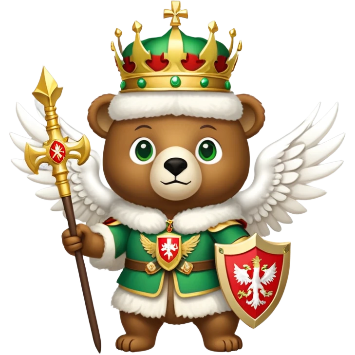 Endearing brown bear with bright green eyes, white fur hat with detailed Russian emblem: golden double-headed eagle with crowns, scepter, orb, and red shield with St. George slaying dragon, iOS emoji style emoji