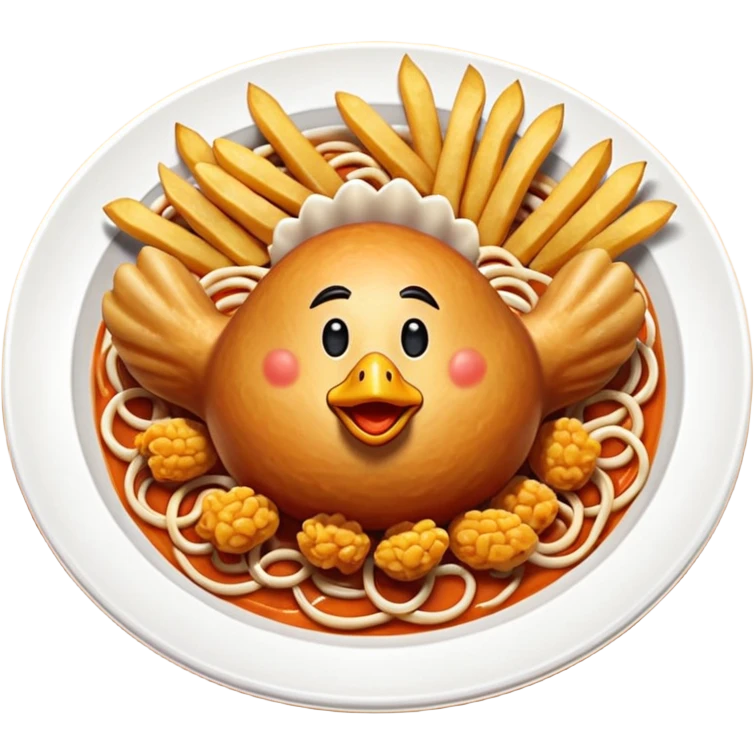 Plato redondo visto desde arriba con pollo en trozos crujientes bañados en salsa agridulce brillante color naranja, acompañado de pastas y papas fritas doradas gruesas al lado emoji