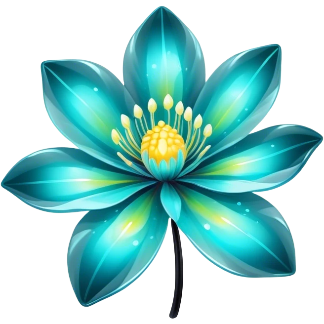 Pastel black and cyan iridescent transparent bio-luminescent flower with yellow sparkles  emoji