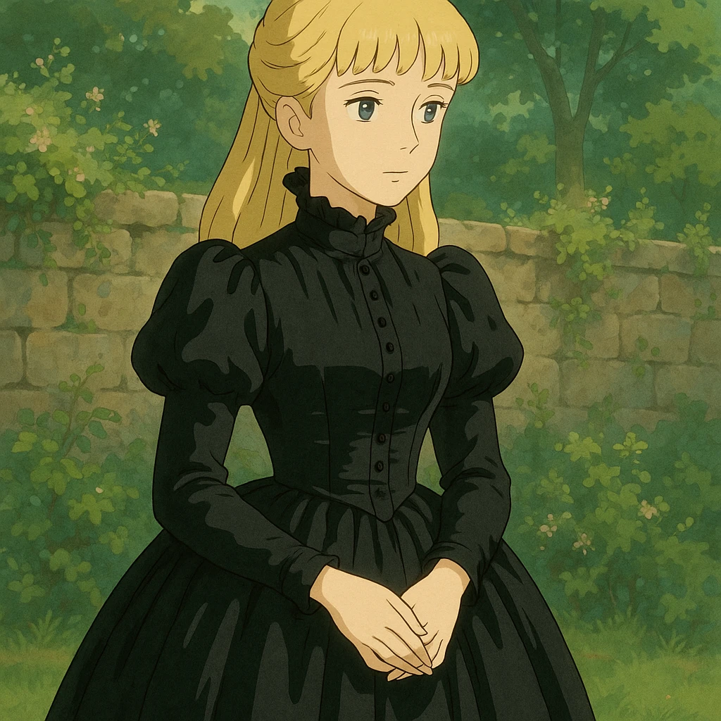 Blonde Victorian woman with bangs wearing a black silk mourning gown  emoji
