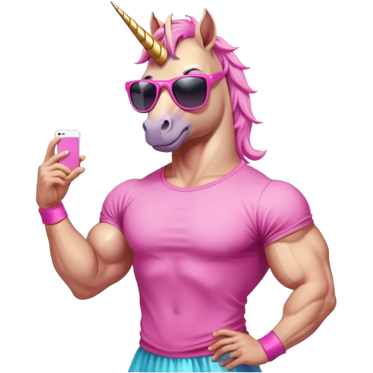 friendly anthropomorphised masculine unicorn with horse-like face, muscular bodybuilder build, in tutu and pink t-shirt, wearing dark sunglasses, relaxed pose, close-crop head and shoulders portrait emoji