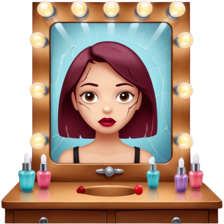 Minimalist emoji-style sticker of a vanity mirror with dim bulbs and cracked glass, words “Am I real yet?” smeared in dusty lipstick tone


 emoji