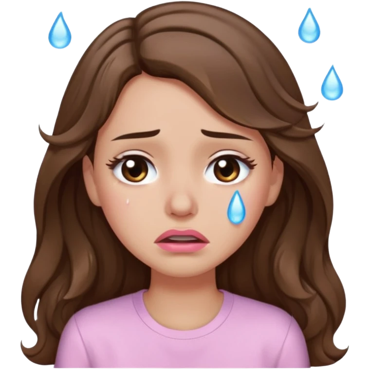 girl with wavy long brown hair, brown eyes, light to medium complexion, long lashes, light pink lipstick, wearing light pink shirt, crying big big tears emoji