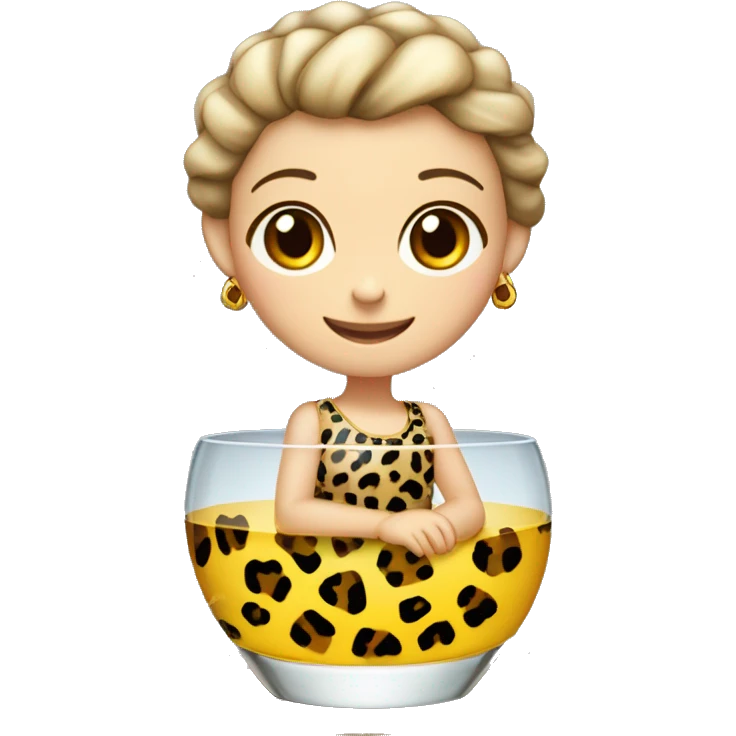 Una niña pelirroja con un vestido de leopardo metida en un vaso de cristal emoji