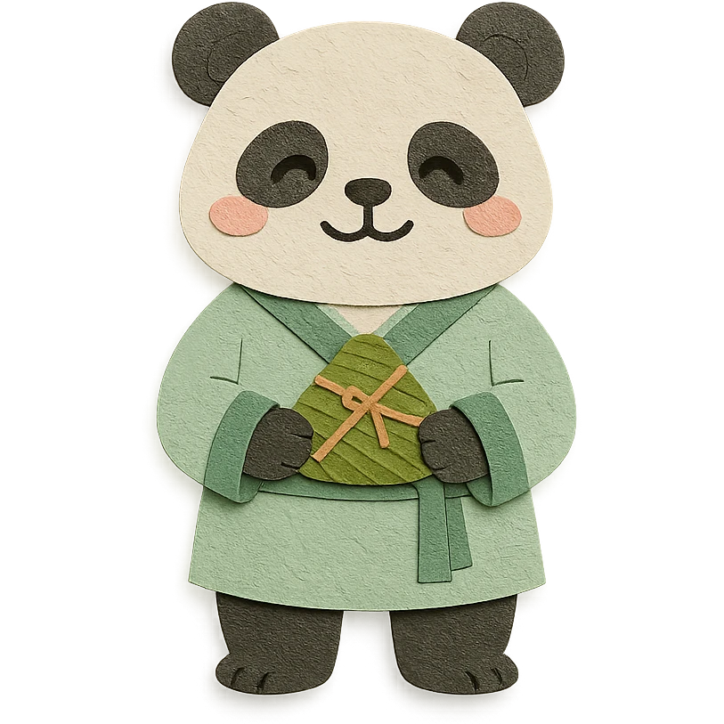 a panda wearing light green Hanfu, holding zongzi with both hands, standing and smiling, full body standing posture, Chinese style, soft color tones emoji