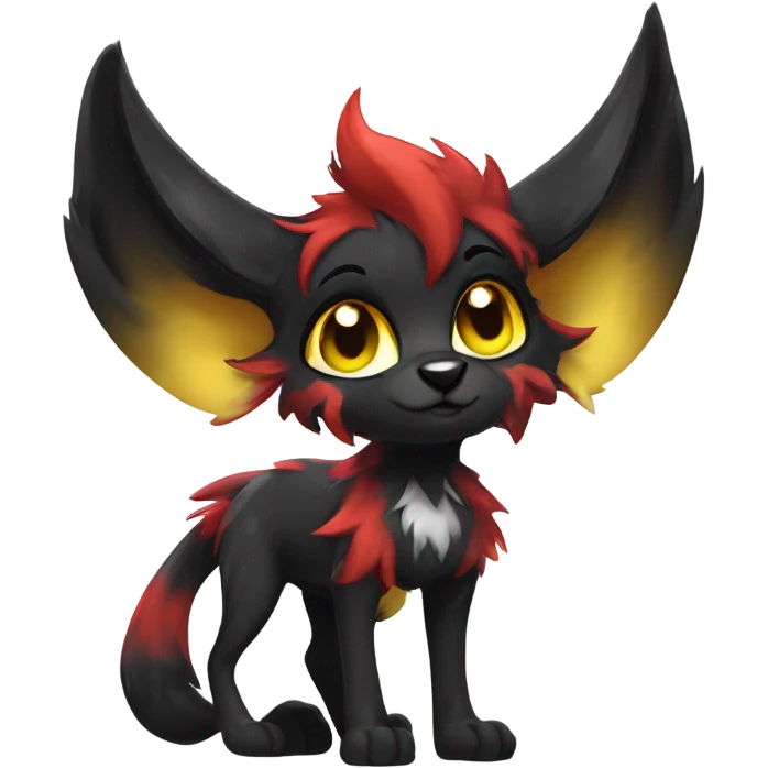 black Shiny Fionbri-Falvie-sparkle-sona with yellow eyes, red edgy markings full body fursona emoji