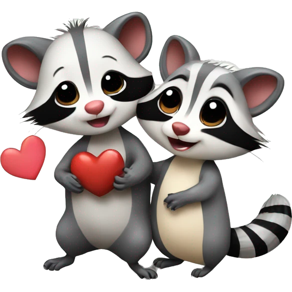 Opossum and raccoon cute couple in love with heart emoji