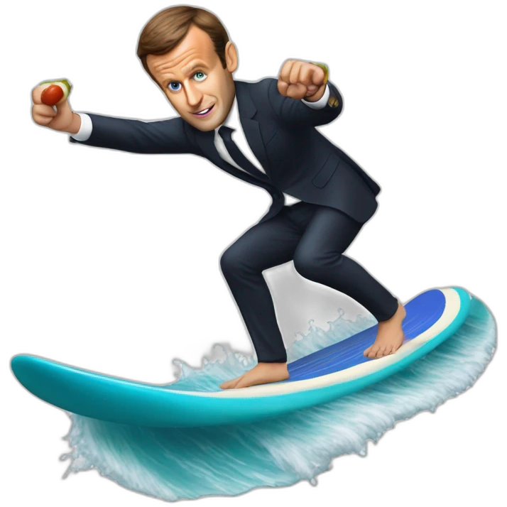 emmanuel macron surfing a saussage emoji