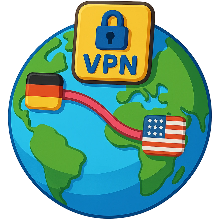 cartoon 3D style globe with VPN showing a connection between Germany and USA emoji