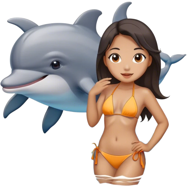 a chinese girl wearing bikini in front of a dolphin emoji