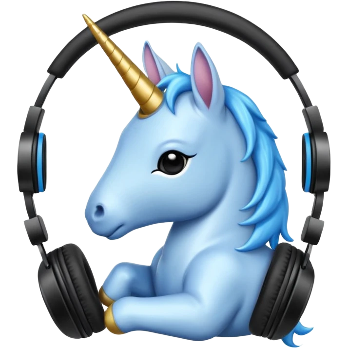 Unicornio bebé azul sentado escuchando música con auriculares negros emoji