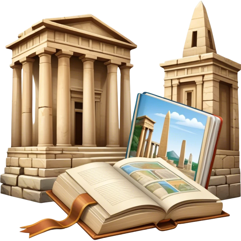 Icon for Historical and Cultural Tourism: iconic landmarks like ancient ruins, a museum, and a historical monument, with a travel guidebook and camera. The icon should capture the exploration of history and culture. Transparent background. emoji