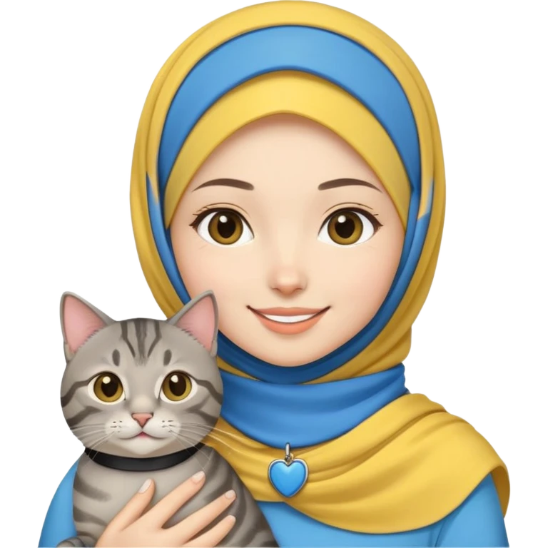Asian White girl wearing yellow hijab holding a black grey tabby cat while smiling. The cat is wearing a blue collar emoji