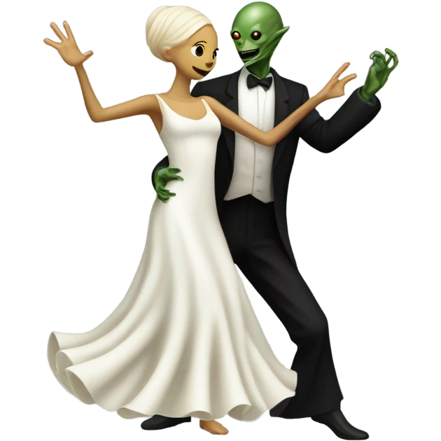  a Reptilian alien woman, in white dress, dance with a human man in frack emoji
