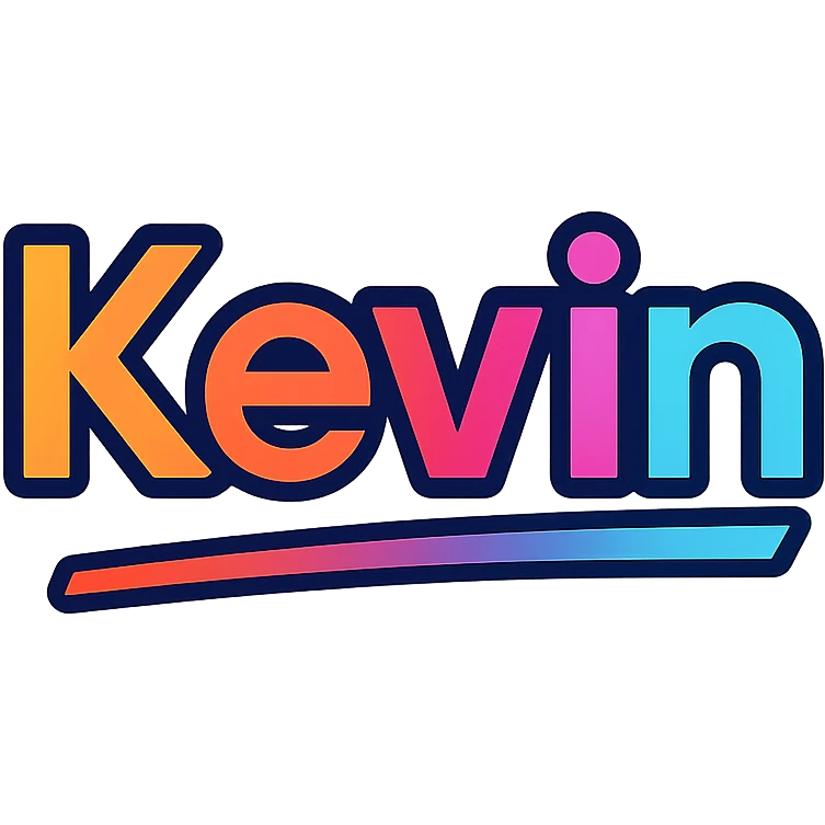 modern colorful gradient font with dark outline, dynamic slanted or partial underline, text 'Kevin', transparent background, in the style of reference patterns emoji