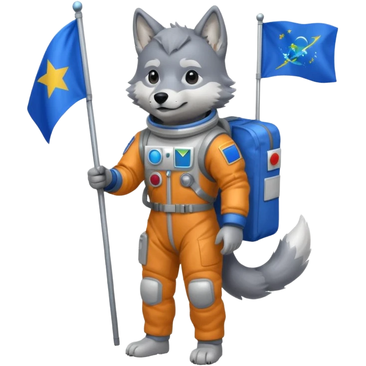 a wolf in space suit, holding blue rectangle flag, full body emoji