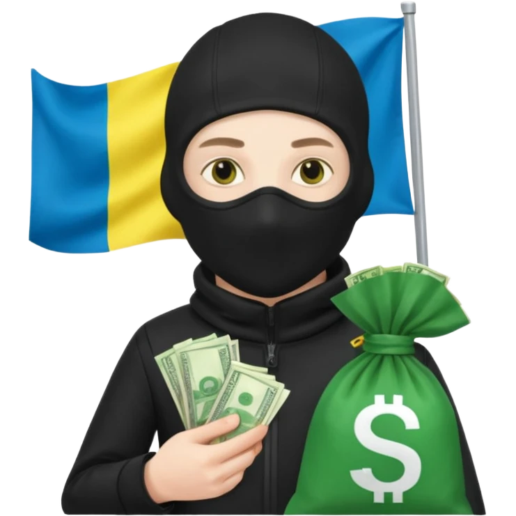 create an incredibly realistic white thief in a black suit and balaclava with a bag of money and a Ukrainian flag on it emoji