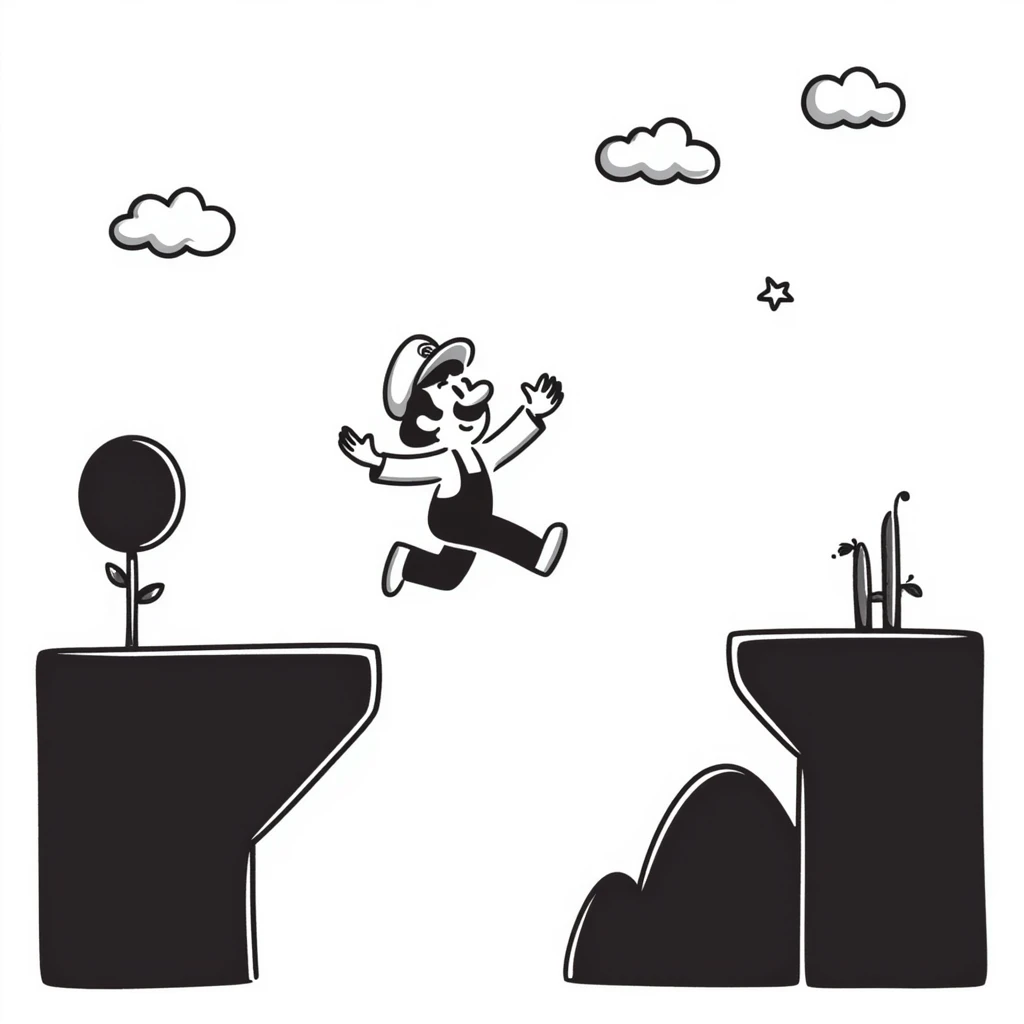 pixel art of a retro side-scrolling video game scene with blocks, platforms, clouds, and a character jumping, 8-bit Game Boy style, Mario world emoji