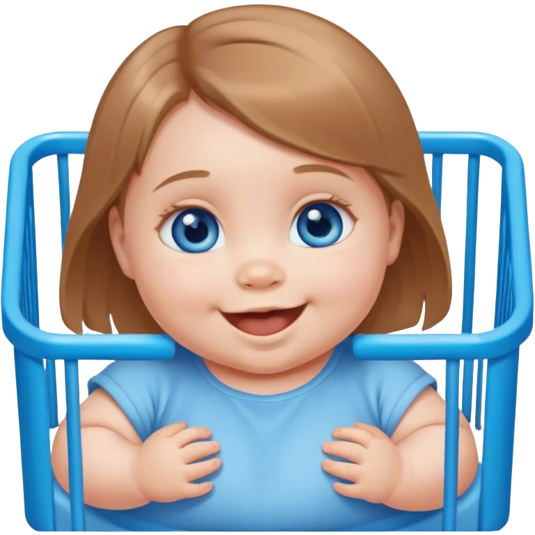 Blue-eyed baby girl with short light brown hair, chubby, mischievous smile in playpen  emoji