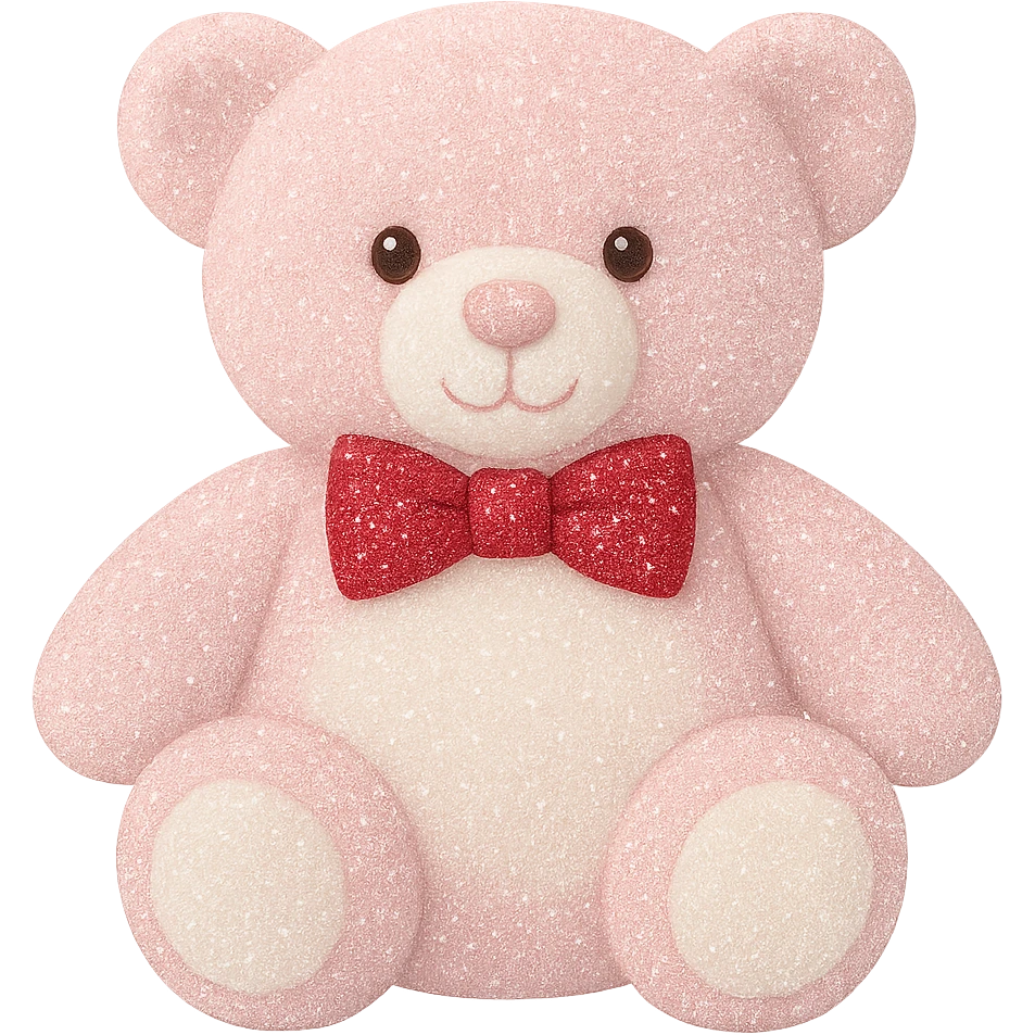 Add a touch of glitter to the teddy bear and its bow tie, keeping the pink and white fur, flat lighting, no shadows or background, soft plush look, maintain transparency. The style should reflect a soft plush teddy bear with pink and white fur and a glittery bow tie, with flat lighting and no shadows or background. emoji