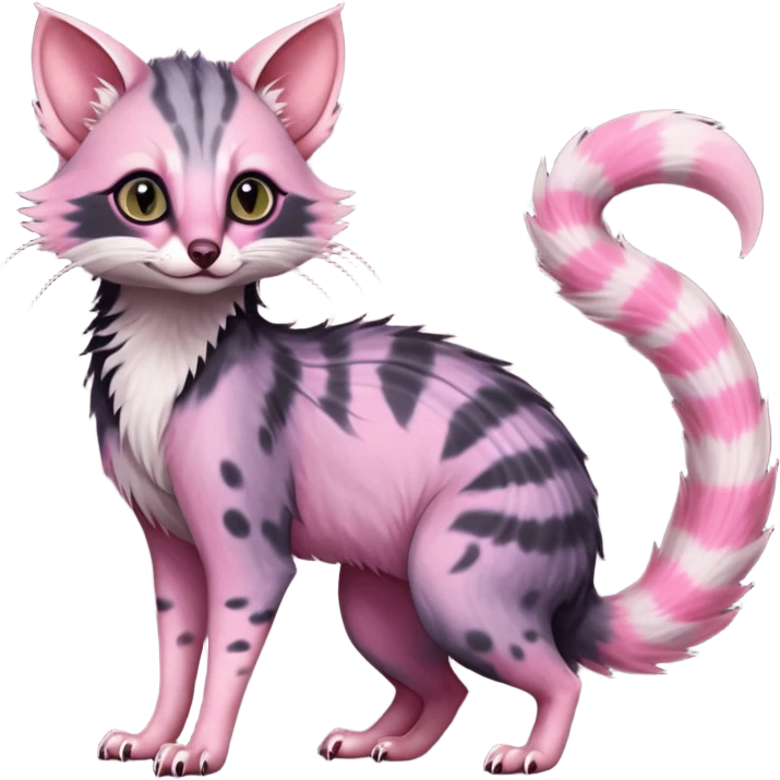 Deep dark pastel bright whitish pale Violet-pink-gradients with darker points Asian painted anime-styled big-eyed shiny glorious divine marked exotic cool beautiful realistic Lykoi-civet-genet-sergal-ocicat-oncilla-animal-Fakémon-hybrid-fursona (full body) emoji
