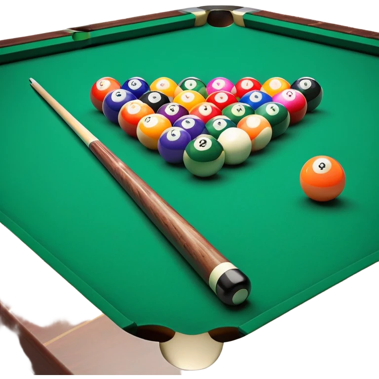 Two crossed pool cues resting on a billiard table, with colorful billiard balls scattered across the surface. The background features the felt of the table, creating an inviting atmosphere for a game of precision and strategy emoji