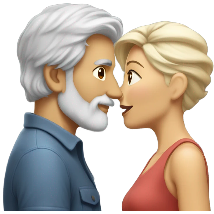 Handsome greying man with long hair and beard kissing blond athletic woman with pixie cut emoji