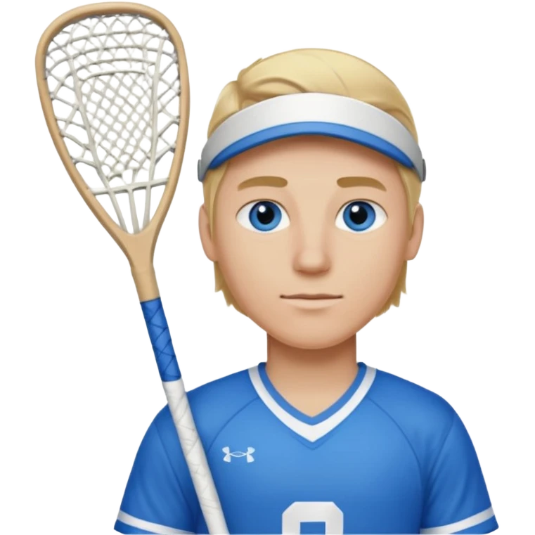 Blonde white with blue eyes lacrosse guy holding one lacrosse stick wearing blue and white gear  emoji