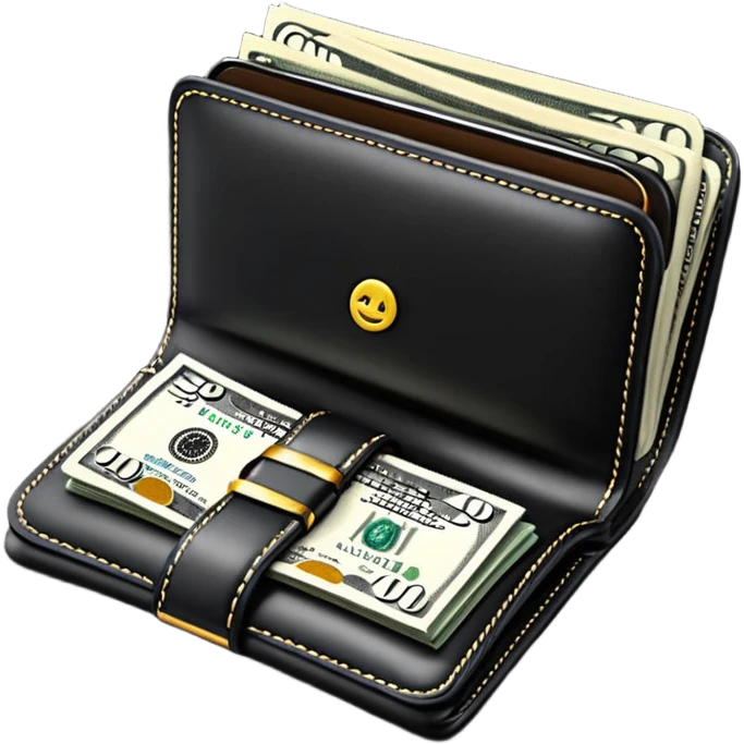 Rich emoji style black leather wallet with dollar bills, luxury money vibe, premium 3D emoji, ultra clean, high detail, no background
 emoji