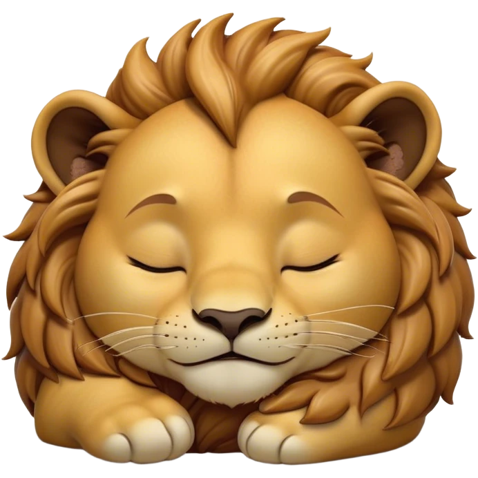 Meme-Worthy Cute Sleeping Lion Cub Portrait Emoji, Head resting peacefully with a contented smile, showcasing a robust build and a luxuriously soft tawny Fur with a flowing mane, eyes shut in a serene, restful nap, Simplified yet hilariously adorable features, highly detailed, glowing with a soft, drowsy light, high shine, relaxed and utterly lovable, stylized with an air of playful laziness, bright and heartwarming, soft glowing outline, capturing the essence of a comically sleepy Lion Cub, so meme-worthy it feels like it could instantly become the next viral sensation of adorable slumber! emoji