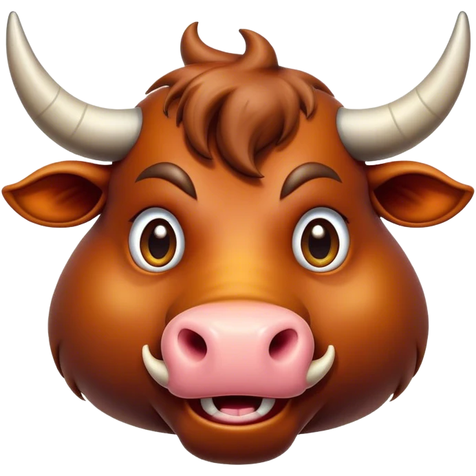Cinematic Comical Domestic Ox Portrait Emoji, Head tilted dramatically with an exaggeratedly amused expression, featuring a striking, glossy hide with boldly curved horns and wide, expressive eyes brimming with playful disbelief, Simplified yet hilariously expressive features, highly detailed, glowing with a slightly sassy earthy glow, high shine, dramatic yet playful, stylized with an air of cheeky rural mischief, soft glowing outline, capturing the essence of a spirited and over-the-top ox that looks ready to charge its way into internet fame instantly! emoji