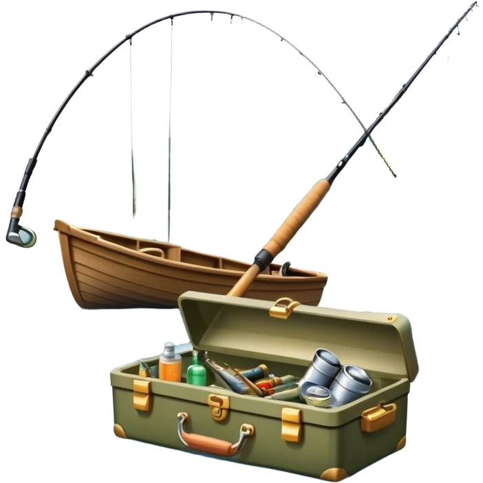 Icon for Fishing: a boat on the shore of a peaceful water body with a beautiful natural landscape, a fishing tackle box, a spinning rod. The icon should capture the tranquility and gear of a fishing adventure. Without frame. Transparent background. emoji