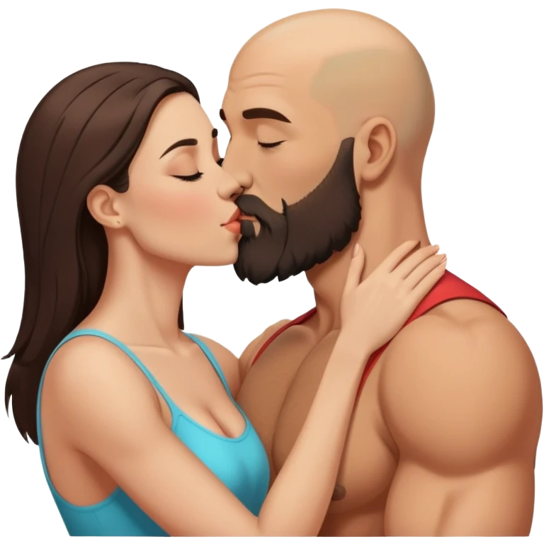 Muscular Bald man with a beard intimately kissing his young brunette wife  emoji