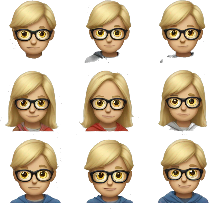 A blond young boy with glasse and a very big mou emoji