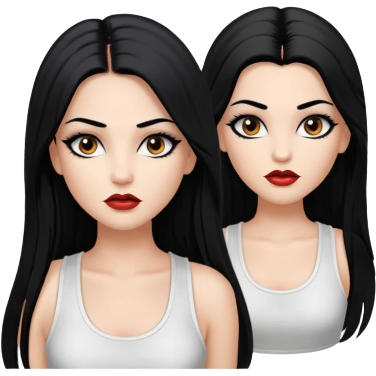 White woman with a white tank top long black hair glossy middle part straight long hair vamp look  brown eyes eyeliner winged with lashes top and bottom white border big lips black eyebrows emoji