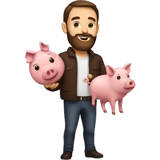 Brunette man with beard holding a pig and has a lot of bacon around  emoji