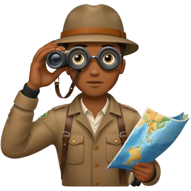 Black man binoculars with leather strap on map emoji