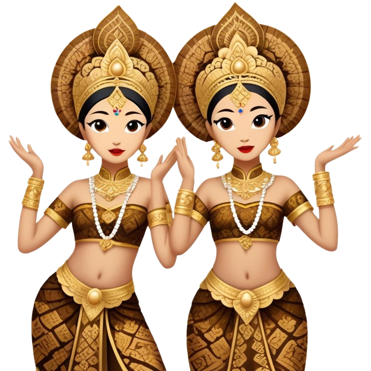 ​Cinematic Realistic Traditional Javanese Dancers, depicted as two graceful dancers in ornate traditional costumes with intricate batik patterns and elaborate headpieces, captured in dynamic poses during a ritual dance in an ancient temple courtyard, rendered with soft golden lighting and rich cultural textures, emoji