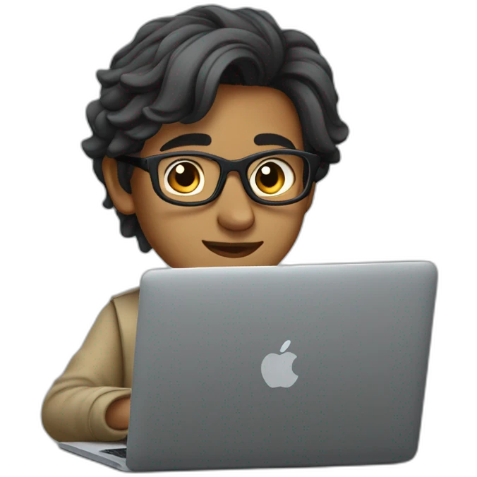 Indian boy with long hair tied in a low bun with grey spectacles working on his MacBook emoji